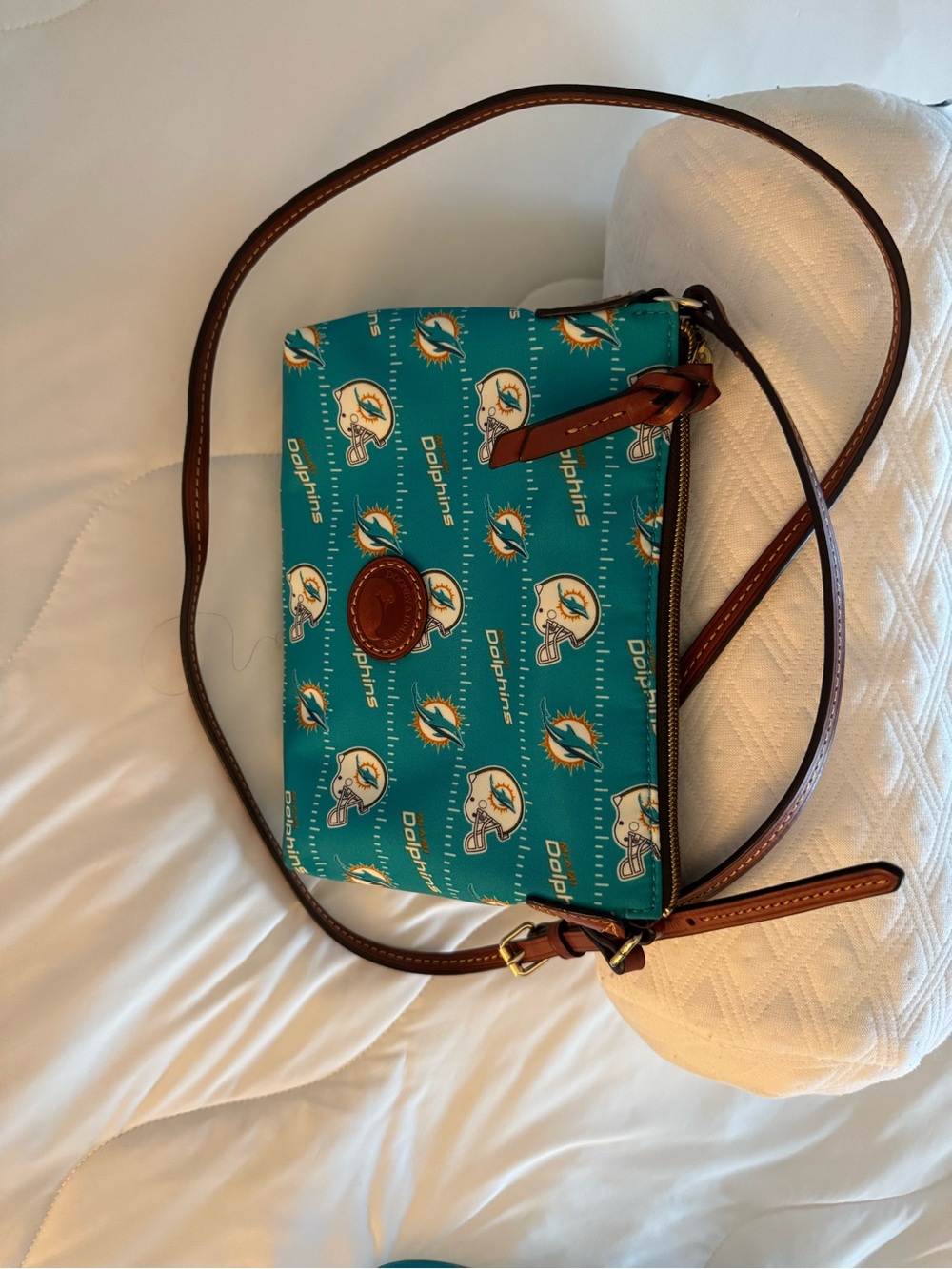 Dooney & Bourke Teal Miami Dolphins Print Crossbody with Brown Leather Trim